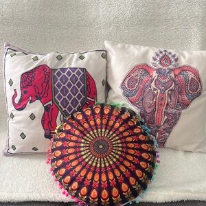 Boho square Elephant and one round Mandala accent pillow covers